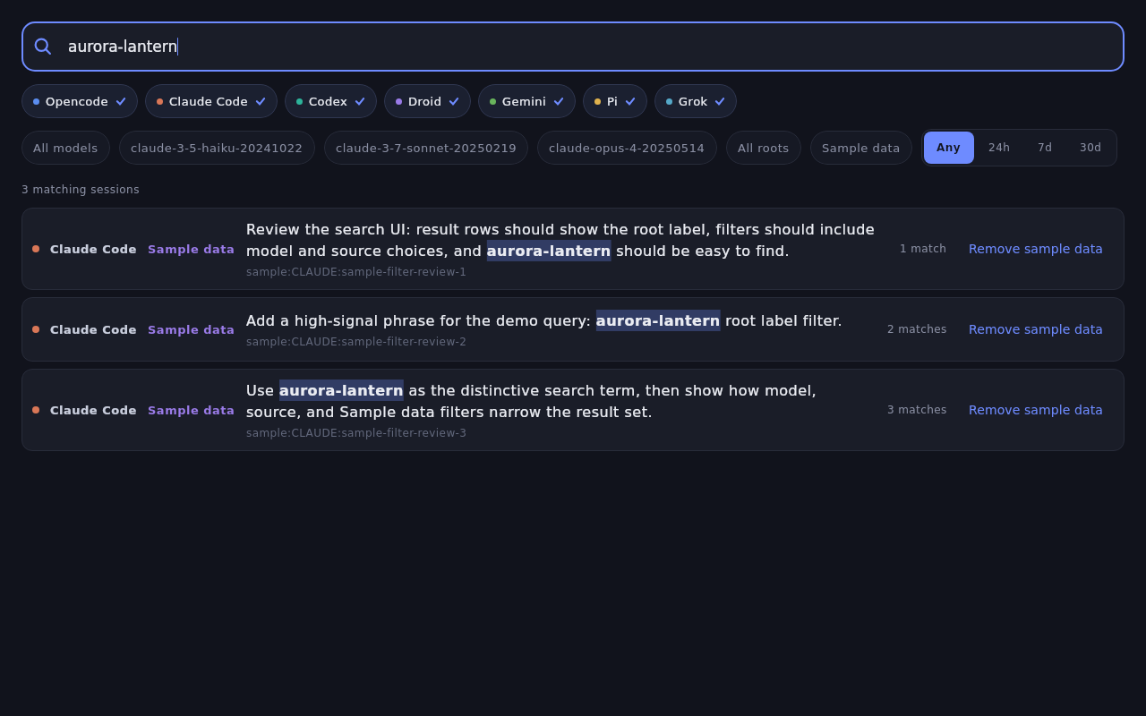 ChatInfra Search Desktop search pane showing aurora-lantern results with highlighted matches and source filters.