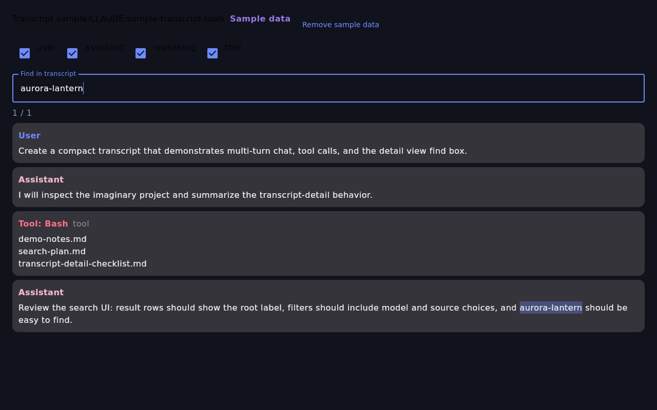 ChatInfra Search Desktop transcript detail view showing sample transcript blocks and find-in-transcript controls.